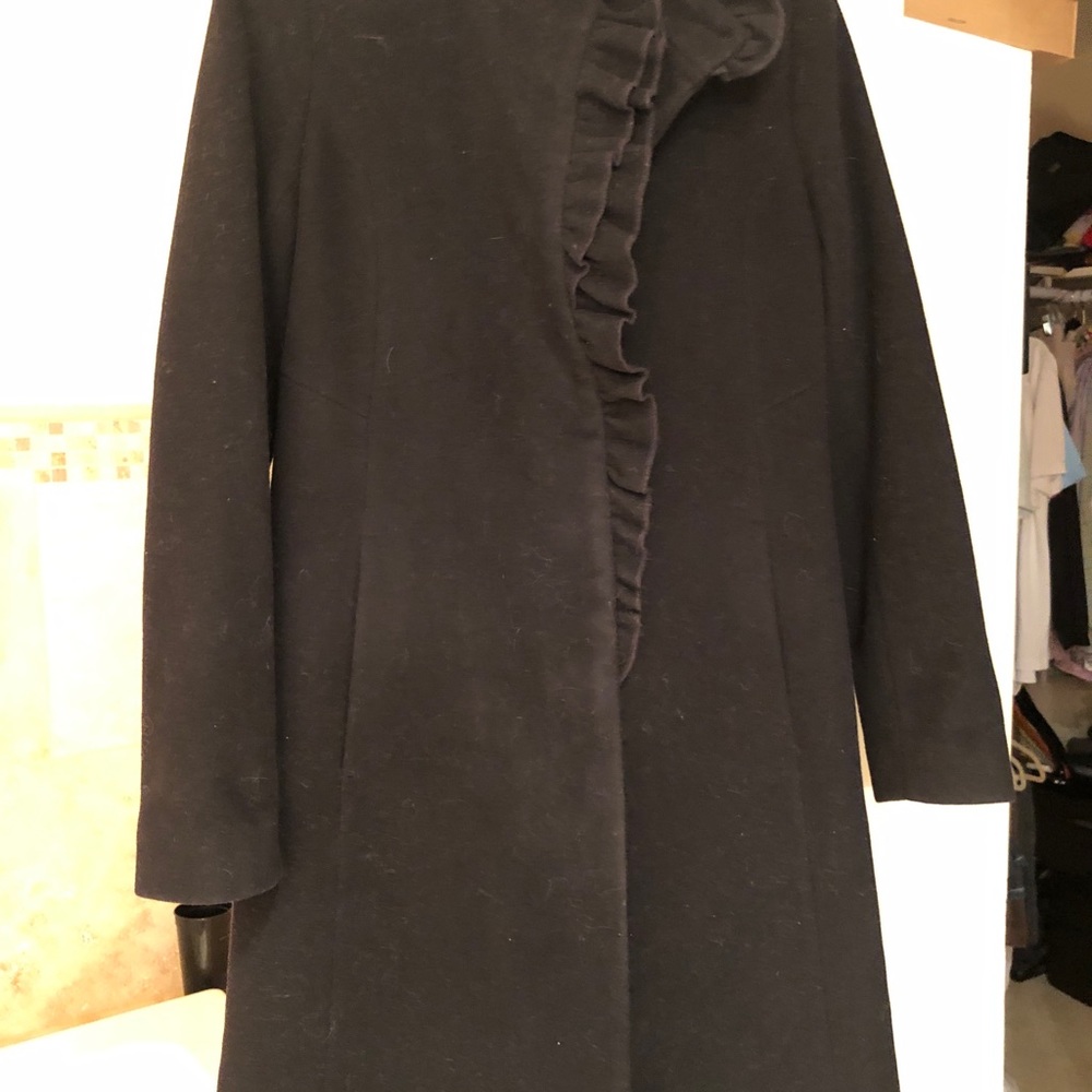 DKNY long wool coat with ruffle detail size 4